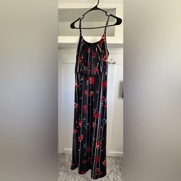 Black Floral Stripe Maxi Dress with Red & Blue Blooms - Picture 2 of 3